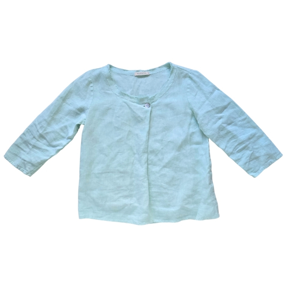 SEA GLASS LANE 100% Linen Blouse Mint Blue Green Mother Of Pearl Button XS